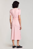 A Line Pink V Neck Long Work Dress With Belt