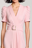 A Line Pink V Neck Long Work Dress With Belt