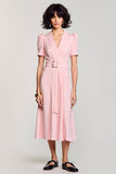 A Line Pink V Neck Long Work Dress With Belt