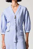Blue Stripes Sheath V Neck 3/4 Sleeves Long Work Dress