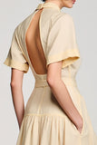 High Neck A Line Apricot Backless Long Work Dress With Belt