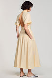 High Neck A Line Apricot Backless Long Work Dress With Belt