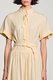 High Neck A Line Apricot Backless Long Work Dress With Belt