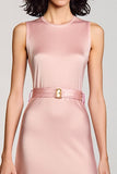 A Line Pink Round Neck Long Wedding Guest Dress With Belt