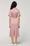 Pink A Line Lapel Single Breasted Long Work Dress with Sleeves