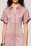 Pink A Line Lapel Single Breasted Long Work Dress with Sleeves