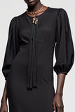 Black A Line 3/4 Sleeves Long Summer Dress with Tassel