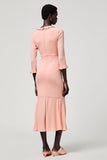 Pink Sheath Ruffled Long Wedding Guest Dress with Slit