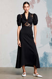 A Line Black Cowl Neck Long Work Dress with Lace