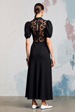 A Line Black Cowl Neck Long Work Dress with Lace