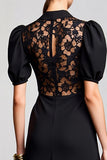A Line Black Cowl Neck Long Work Dress with Lace