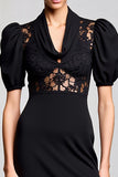 A Line Black Cowl Neck Long Work Dress with Lace