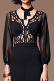 Black Satin A Line Long Summer Dress with Lace