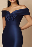 Navy Mermaid Satin Off the Shoulder Long Formal Dress with Slit