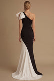 Black White One Shoulder Mermaid Long Formal Dress with Bow