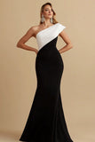 Black White One Shoulder Mermaid Satin Long Formal Dress