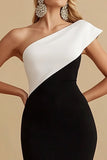 Black White One Shoulder Mermaid Satin Long Formal Dress