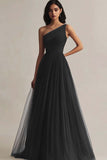 Burgundy Tulle One Shoulder A Line Long Formal Dress