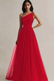 Burgundy Tulle One Shoulder A Line Long Formal Dress