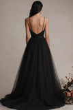 Black Spaghetti Straps Tulle A Line Long Formal Dress with Slit