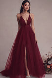 Black Spaghetti Straps Tulle A Line Long Formal Dress with Slit