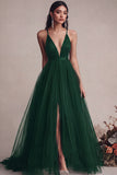 Black Spaghetti Straps Tulle A Line Long Formal Dress with Slit