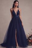 Black Spaghetti Straps Tulle A Line Long Formal Dress with Slit
