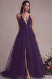 Black Spaghetti Straps Tulle A Line Long Formal Dress with Slit