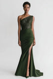 Sparkly Olive Satin One Shoulder Mermaid Long Formal Dress with Slit