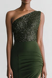 Sparkly Olive Satin One Shoulder Mermaid Long Formal Dress with Slit