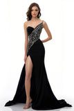 Sparkly Black Satin One Shoulder Mermaid Long Formal Dress with Slit
