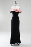 Black Pink Satin Off the Shoulder Mermaid Long Formal Dress