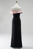 Black Pink Satin Off the Shoulder Mermaid Long Formal Dress