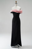 Black Pink Satin Off the Shoulder Mermaid Long Formal Dress