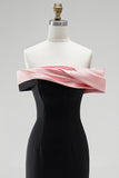 Black Pink Satin Off the Shoulder Mermaid Long Formal Dress