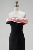 Black Pink Satin Off the Shoulder Mermaid Long Formal Dress