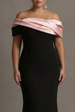 Black and Pink Mermaid Off The Shoulder Satin Long Plus Size Formal Dress
