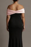 Black and Pink Mermaid Off The Shoulder Satin Long Plus Size Formal Dress