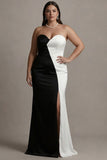 Black White Sheath Satin Sweetheart Long Formal Dress with Slit