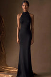 Black Sheath Satin Halter Neck Long Formal Dress