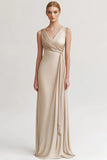 Black Satin V Neck Sheath Ruched Long Formal Dress