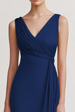 Black Satin V Neck Sheath Ruched Long Formal Dress