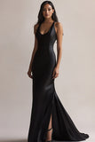 Black Scoop Neck Mermaid Long Formal Dress with Slit