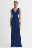 Pink Satin V Neck Sheath Ruched Long Formal Dress