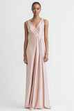 Pink Satin V Neck Sheath Ruched Long Formal Dress