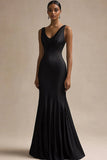 Black V Neck Mermaid Satin Long Formal Dress