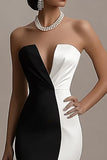 Black White Satin Mermaid Strapless Long Formal Dress with Slit