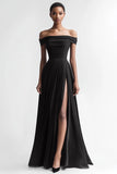 Black Chiffon A Line Off the Shoulder Long Formal Dress with Slit