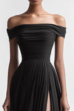Black Chiffon A Line Off the Shoulder Long Formal Dress with Slit