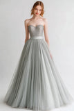Sparkly Light Grey Tulle A Line Long Formal Dress with Beading
